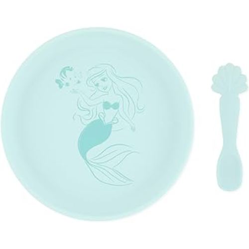 Bumkins Disney Baby and Toddler Plate and Spoon Set, Silicone Dish for Babies and Kids, Baby Led Weaning, Children Feeding Supplies, Microwave Safe, Platinum Silicone, Ages 6 Months Up, Princess Ariel