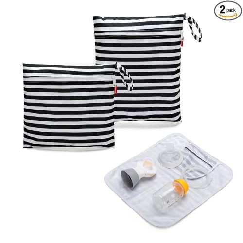 Damero Breast Pump Parts Bag, 2Pack Wet Bag for Breast Pump Parts Storage with Waterproof Mat, Black Strips