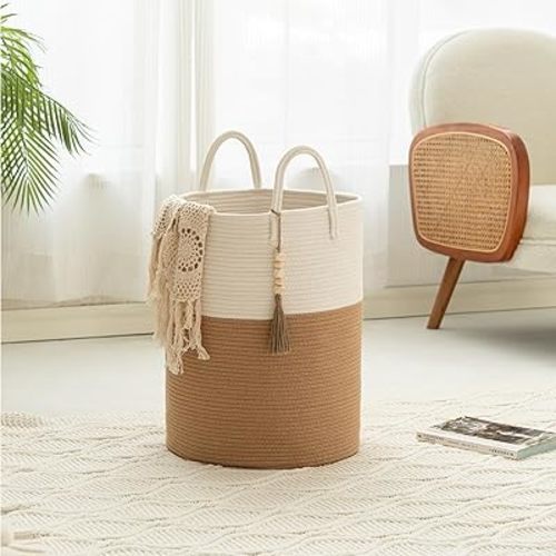 Woven Laundry Basket Hamper, 72L Large Cotton Rope Basket for Living Room, Tall Blanket Storage Bin for Toys Clothes Blankets, Aesthetic Laundry Hamper for Bedroom Bathroom Nursery, White