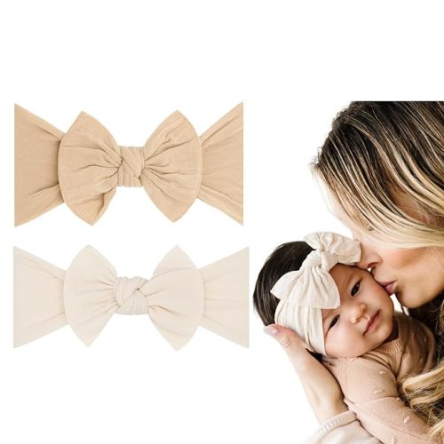 Newborn to Little Baby Girl Bows, 2 Pack Nylon Super Soft Stretchy Knot Toddler Headbands, Perfect Hair Accessories Head Bands for Infant Kids (Fawn & Oatmeal)
