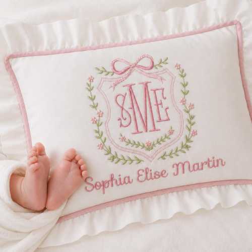 Personalized Monogram Pillow Cover, Custom Embroidered Baby Name Pillowcase, Floral Crest Nursery Pillow, Floral Pillow Cover