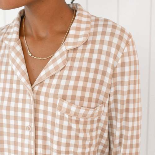 Long-Sleeved Women's Pajama Set in Gingham Bisque