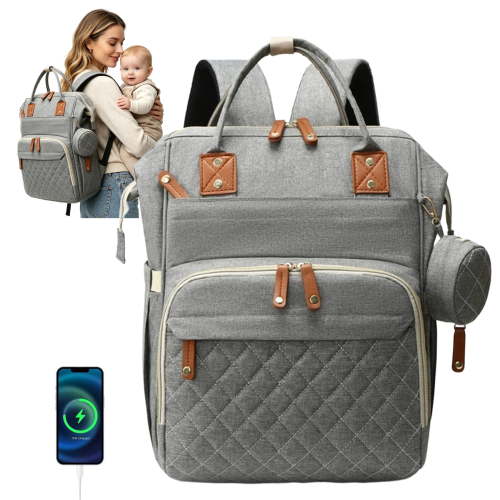 Diaper Bag Backpack, Waterproof with Pacifier Case for Stroller Baby Bag Gray