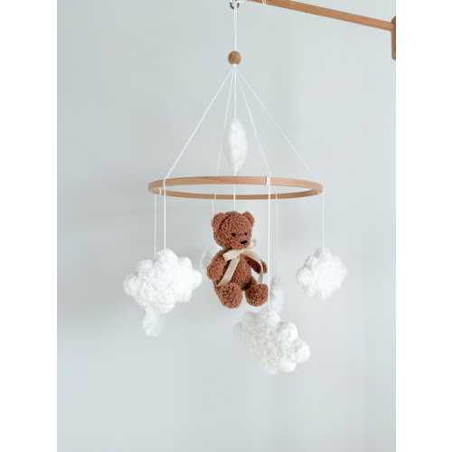 Handmade Boucle Teddy Bear Nursery Mobile with Clouds