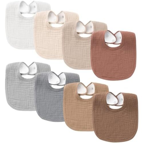 Konssy 8-Pack Muslin Baby Bibs, Adjustable Fit for Drooling and Teething