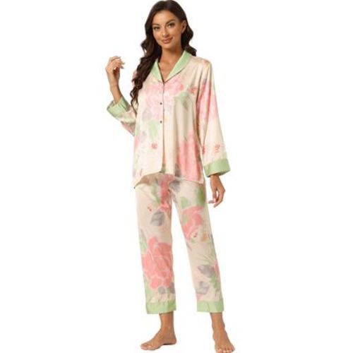 cheibear Women's Satin Floral Long Sleeves Shirts with Pants Lounge Pajama Set Pink Large