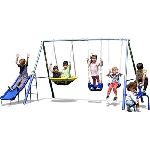 Sportspower Taylor 700lbs Galvanized Metal Swing Set for Kids for Backyard & Outdoors with Teeter-Totter, Saucer & Standing Swings, & 5ft Slide, 7.55' D × 13.88' W × 6.07' H, Bonus Anchor Kit