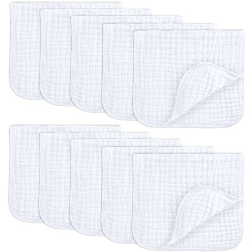 Comfy Cubs Muslin Burp Cloths 20" x 10", Pack of 10 - Large, 6-Layer, Ultra Absorbent 100% Cotton for Baby Drool and Messes - Soft, Safe & Gentle Baby Burp Cloths for Boys & Girls - White