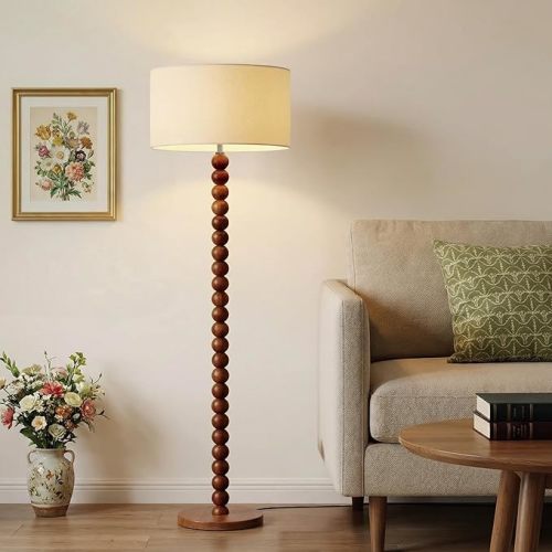Beaded Walnut Wood Floor Lamp | Beige Linen Shade