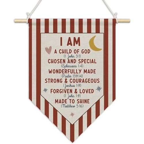 CGBHW Inspirational Christian Nursery Wall Art Pennant Flag 11x15 Inch, Bible Verses Wall Banner Hanging Decorations, Red Striped Religious Hanging Decor for Kids Nursery Room Bedroom Playroom