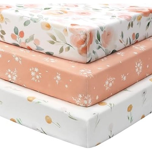 Baby Mini Crib Sheets Girl, Portable 38”x26” Pack and Play Sheets Fitted for Playard and Pack N Play Mattress, 3-Pack Soft Microfiber Orange Watercolor Flower