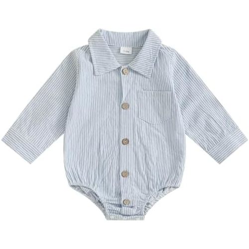 Newborn Baby Boy Fall Clothes Turndown Collar Striped Long Sleeve Romper Button Up Jumpsuit Shirt Bodysuit