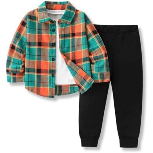 Toddler Boys Clothes 2 Piece Sweatsuit Set Flannel Plaid Shirt Hooded and Pants for Fall Winter 2-6Years