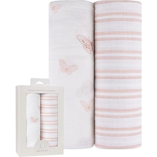 Ely's & Co. Muslin Swaddle Blankets 2-Pack for Baby Girl, 100% Cotton Muslin Extra Large Swaddle Receiving Blankets, 47”x47” (Pink Butterflies + Stripes)