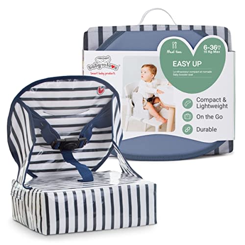 BabyToLove Easy Up Baby Booster Seat | Lightweight On The Go and Easy to Carry | Foldable Toddler Booster Seat with Harness for Travel and Dining | Blue Stripes