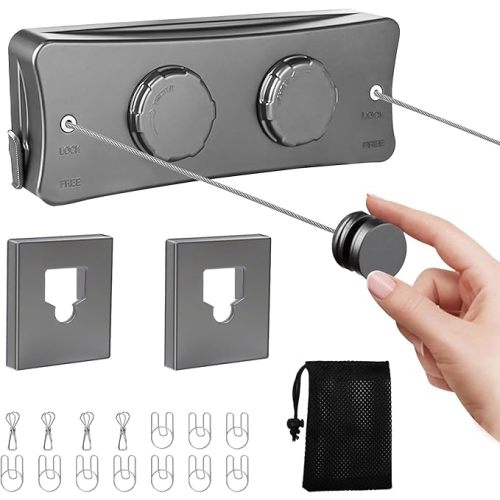 Retractable Clothesline Indoor & Outdoor, 16.7 Ft Non-Sagging Double Clothes Line, Retracting Heavy Duty Clothes Drying Laundry Line, Wall Mounted Space-Saving Stainless Steel Line