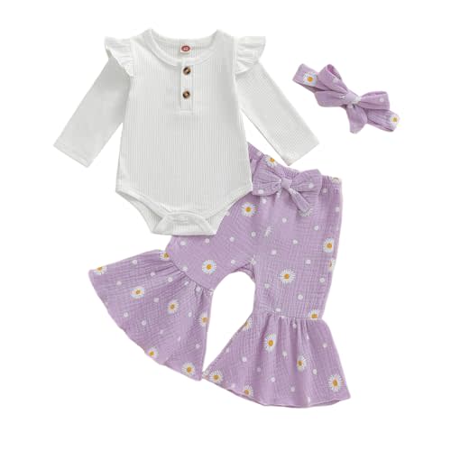 Sreakeio Newborn Baby Girls Clothes Infant Ribbed Knit Romper Tops and Daisy Print Bell-Bottoms Headband Clothing Sets