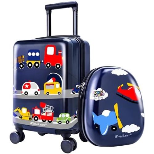 iPlay, iLearn Airplane Kids Luggage, 18" Boys Carry On Suitcase W/Backpack