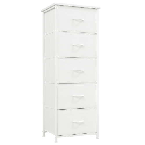 Eunos White Tall Dresser for bedroom, 5 Vertical Fabric Drawers Nightstand, Living Room Hallway