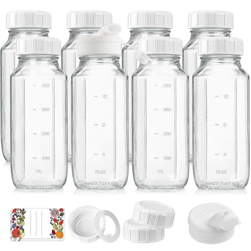 8 Pack 16 Oz Reusable Glass Milk Bottles w 100% Airtight Heavy Duty SCREW Lid & 2 Pour Spouts - Glass Juice Bottles w Capacity Mark - Beverage Drinking Jar Juice Container Breast Milk(Extra 2 Lids)