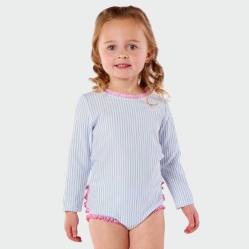 RuffleButts Baby Girls' Seersucker Long Sleeve Rash Guard One Piece Swimsuit - Blue 12M