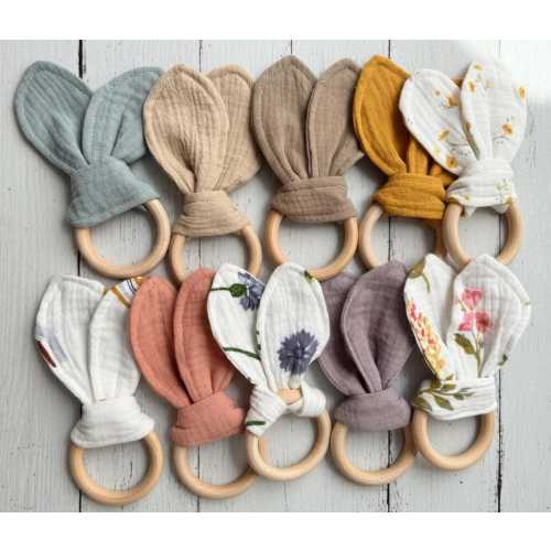 Bunny Ears Teether, Organic Muslin Baby Toy, Wooden Teething Ring, Boho Newborn Gift, Eco-Friendly Infant Shower Gift, Gender Neutral Toy