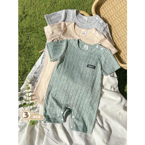 SHEIN Vintaside Kids 3pcs Toddler Boys' Simple Casual Solid Color Ribbed Fabric Comfortable Soft Rompers, Suitable For Home, Outdoor Sports, Parties Sage Green Baby Clothes Baby Clothes Neutral Colors | SHEIN USA