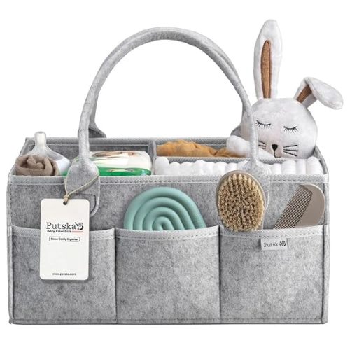 PUTSKA Baby Diaper Caddy Organizer, Felt Nursery Basket, Gray, Large