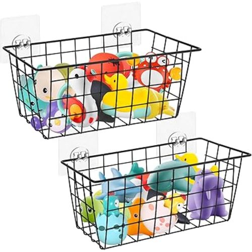 2 Pack Metal Bath Toy Storage Organizer, Hanging Mesh Shower Caddy with Adhesive Hooks for Bathtub, Large Bath Toy Holder for Storing Bath Toy, Toiletries, Cosmetics, Clothes(Black)