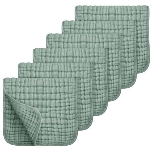 Looxii Muslin Burp Cloths 6 Pack - 20" x 10" - Ultra Soft & Absorbent, 6-Layer 100% Cotton for Spit Up & Drool- Gentle Baby Burping Cloth, Newborn Boys Girls Essentials, Dark Green