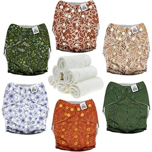 Mama Koala 3.0 Pocket Cloth Diapers for Babies with AWJ Lining, 6 Pack with 6 4-Layer Natural Cloth Diaper Inserts - Reusable and Washable Pocket Diapers(Neutral Leave)