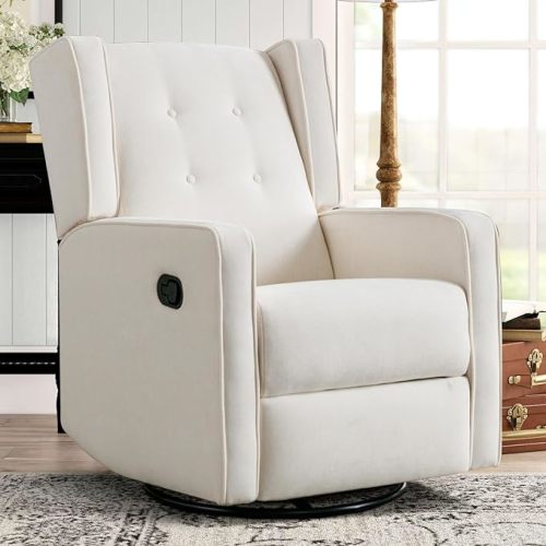 Swivel Rocker Recliner Chair, Rocking Chair Nursery Glider Recliner, Manual Glider Chair for Nursery, White