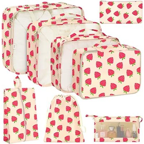 KPX 8 Set Packing Cubes for Travel, Luggage Packing Organizers Accessories Large Toiletries Bag for Clothes Shoes Cosmetics (Strawberry)