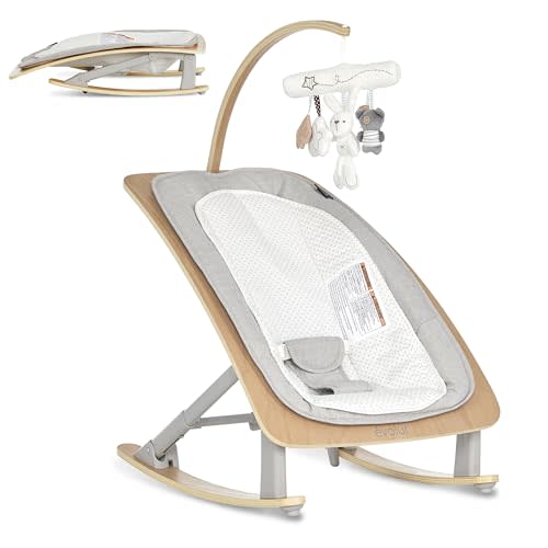 Evolur Tory 2-in-1 Baby Bouncer, Foldable Newborn Rocker Chair - Light Grey | One-Hand Fold & Portable Design, No Assembly, 3 Recline Levels, Removable Wooden Toy Bar, Adjustable with 3-Point Harness