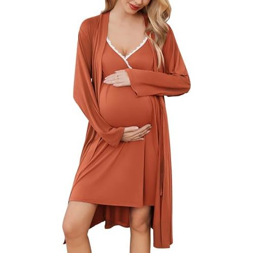 Ekouaer Womens Maternity Nursing Gown and Robe Set Labor Delivery Nuring Nightgowns for Hospital Breastfeeding Robes