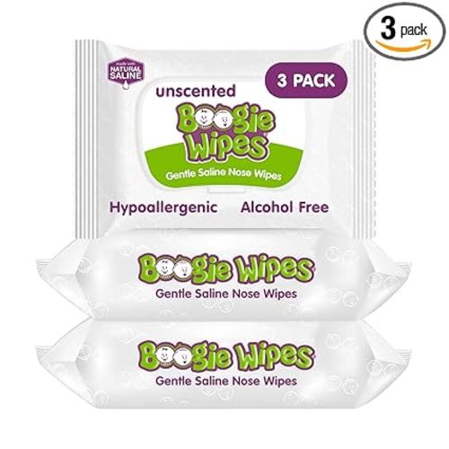 Boogie Wipes Saline Nose Wipes - 90 Count - Unscented, Hypoallergenic & Alcohol-Free - Allergy Relief - Made with Natural Saline, Aloe, Chamomile & Vitamin E - Diaper Bag Essential