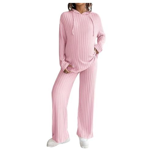 MakeMeChic Women's Maternity 2 Piece Sets Ribbed Knit Hoodie Pants Outfits | Long Sleeve, Straight Leg, Pregnancy, Lounge Set