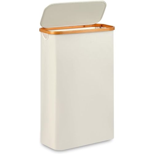 Slim Laundry Basket,Tall laundry Hamper with Lid,60L Hamper for Laundry,Dirty Cloth Hamper with Bamboo Handle for Toys,Towels, Clothes Organizing,Beige