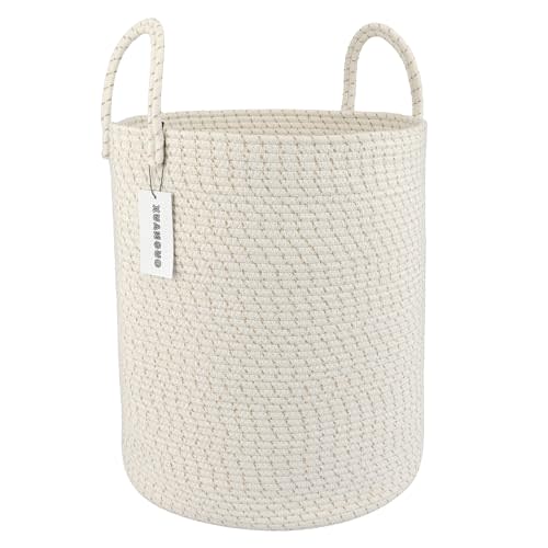 XUANGUO Cotton Rope Laundry Basket Hamper for Clothes Woven Storage Basket for Living Room Bedroom Boho Tall Rope Baskets for Blanket Toys Pillow Towels Baby Nursery Hamper Bin striped