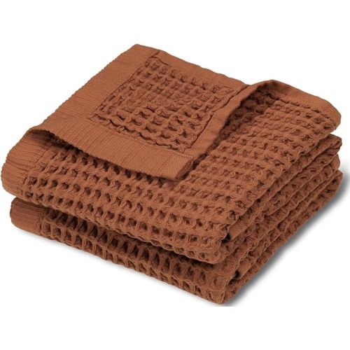 DEMMEX Organic Cotton Waffle Turkish Hand Towels for Bathroom & Kitchen, Large 20x30 in, 100% Oeko-TEX Certified Ultra Soft Turkish Cotton, Lightweight Quick Dry Waffle Weave, Set 2 (Terracotta)