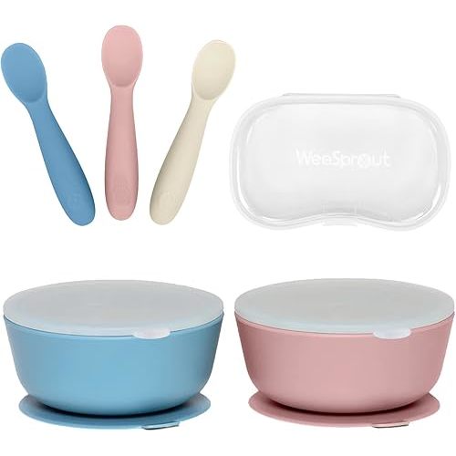 WeeSprout 2 Suction Bowls & 3 Baby Spoons with Travel Case Bundle - Silicone Baby Feeding Essentials - Leak-Proof Bowls with Lids - Soft Self-Feeding Spoons - Dishwasher Safe Toddler Dinnerware