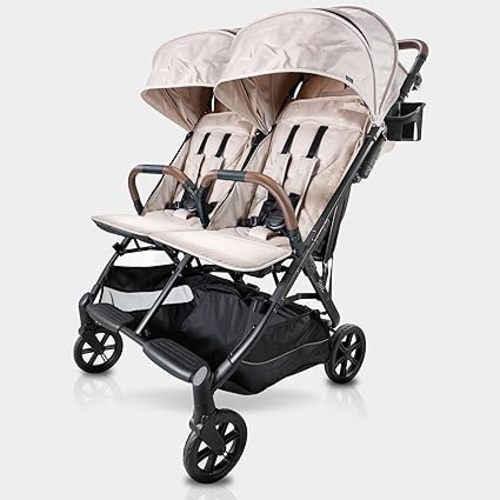 Strolee Lightweight Double Side by Side Stroller for Travel - 22 Lbs, 9.5" Compact Fold, Infant to Toddler, No Rethread Harness, Magnetic Buckle & Ultra Plush Seat 60Lb Max Per Seat- (v2 Fawn)