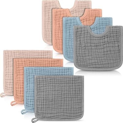 8 Pack Muslin Burp Cloths and Baby Bibs for Boy Girls, Vivid Color