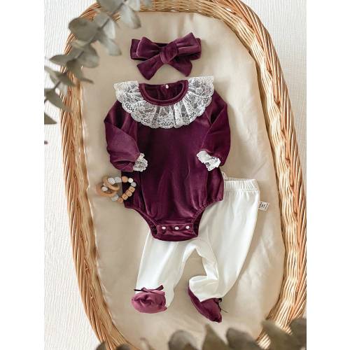 SHEIN 3pcs Newborn Baby Girl Outfit Set,Purple Fleece Long Sleeve Bodysuit With White Lace Trim,Cute Pants,Headband,Autumn,Night,Party Cruise First Birthday