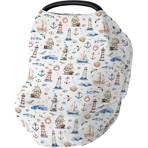 Sailing Adventure Car Seat Cover for Babies Sea Lighthouse Ship Anchors Whale Shells Stretchy 5-in-1 Cover Adjustable Car Canopy Cover Boho Beach Summer Breathable Nursing Cover-Up