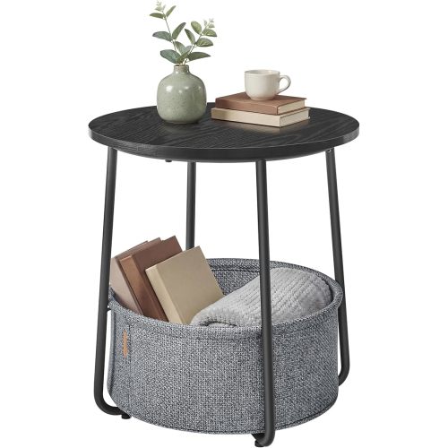 SONGMICS HOME Small Side Table, Round End Table, 2 Tier Nightstand with Basket, U Shaped Steel Legs, Easy Assembly, for Living Room, Bedroom, Black and Gray