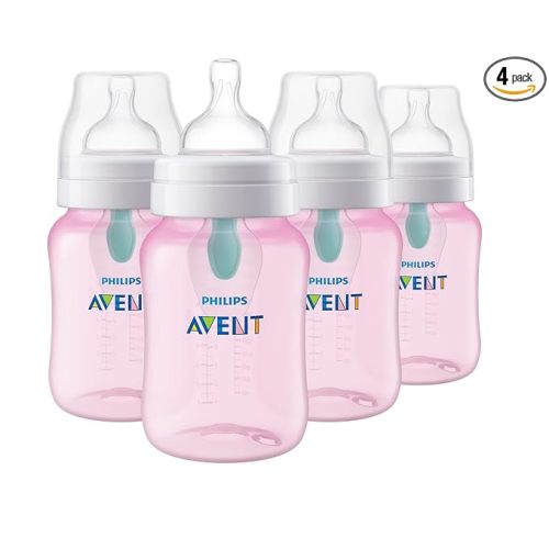 Philips Avent Anti-Colic Baby Bottle with AirFree Vent, 9oz, with Flow 2 Nipples, 1m+, 4pk, Pink, SCY703/14
