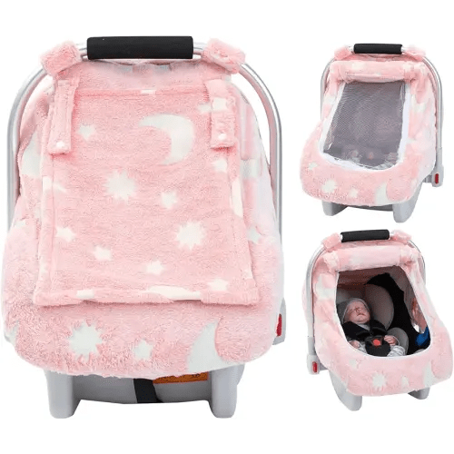 Winter Baby Car Seat Cover, Infant Car Seat Cover Glow in The Dark, Cozy & Warm Carseat Canopy for Boys and Girls, Baby Carrier Cover with Zipper Peep Windows for Baby Registry Essentials