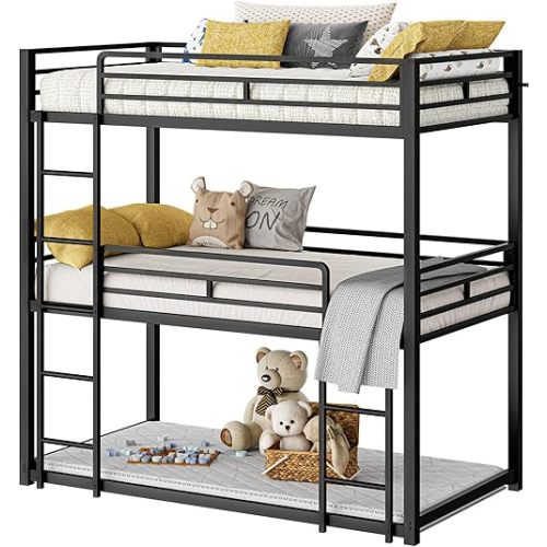 LIKIMIO Triple Bunk Bed, Bunk Bed Twin Over Twin Over Twin, Triple Bunk with 2 Ladders, Metal Bed Frame with Guardrails for Bedroom, No Box Spring Needed, Black