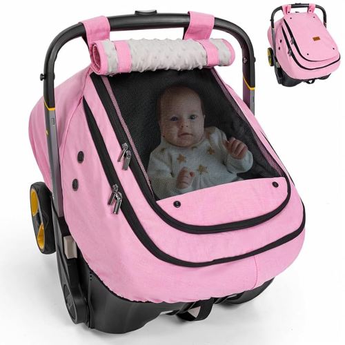 Bioby Waterproof Baby Car Seat Cover, Infant Car Seat Cover for Boy Girl, Roomy Cozy Windproof Sun Protection Baby Carseat Covers Canopy with Breathable Net and Holes, Universal Fitted, Pink